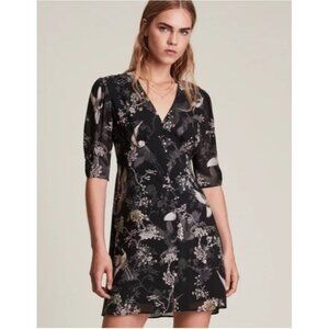 AllSaints Women's Sz 6 Kota Amare Black Button Up Crane Bird Print Mini Dress